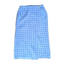 Talbot 100 Irish Linen Midi Skirt Wrap Blue Check Sz 12 Modest Career Casual