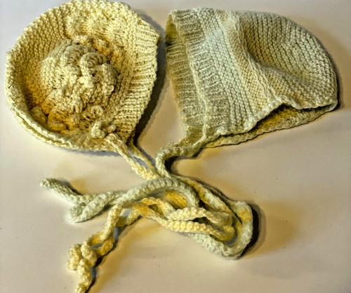 Vintage Knitted Bonnets Handmade Baby Or Doll Yellow, Blue/Yellow Lot Of 2