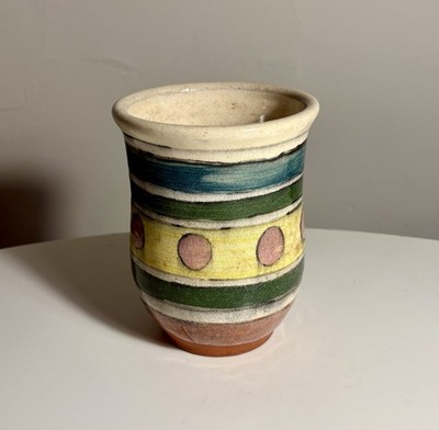 Handmade Studio Pottery Vase Stripes & Pink Dots 1990s Signed John Todds