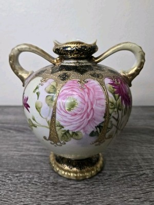 Antique Hand Painted NIPPON JAPAN Floral Gold Moriage Vase Pink Red Urn Textured