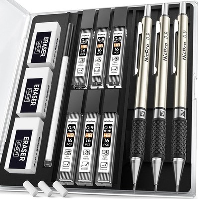 Nicpro 0,9 mm Druckbleistift Set mit Etui, 3 Stück Metall Druckbleistifte 6