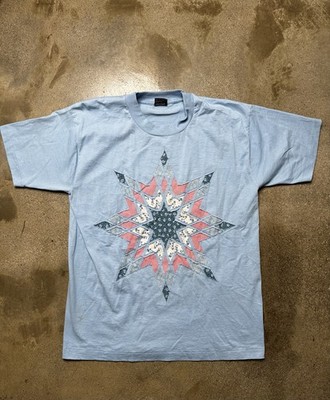 Vintage 90s Fruit of the Loom BEST T Shirt L Blue Quilt Star USA Single Stitch