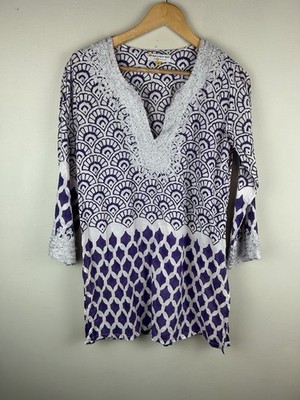 Roberta Roller Rabbit Women's Purple Silver V-Neck Printed Tunic Blouse Size S