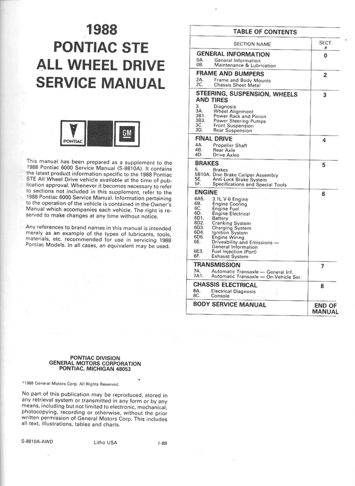 Pontiac 6000 STE 1988 tracción total AWD taller manual suplemento Foto 2 de 4