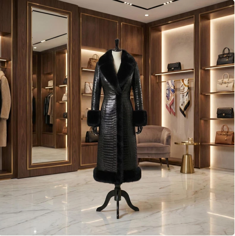 Women's Genuine Cowhide Leather Crocodile Embossed Long Coat With Fur Trim image 7