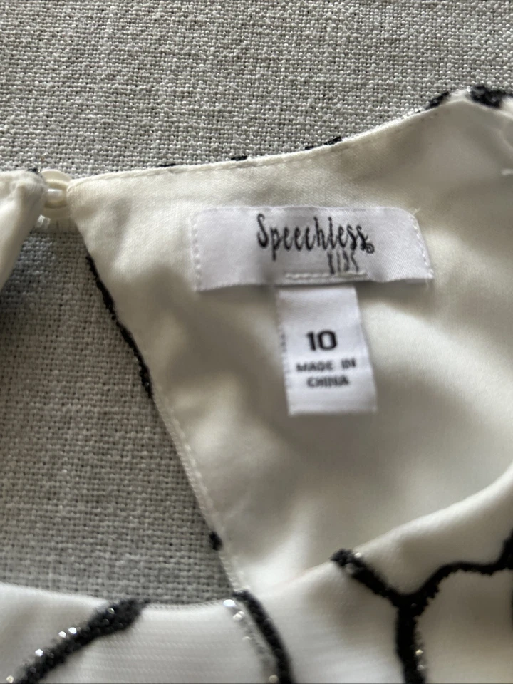 Kids Black and White Floral Dress with Sheer Overlay with Seed Bead Accents - Image 3 of 4