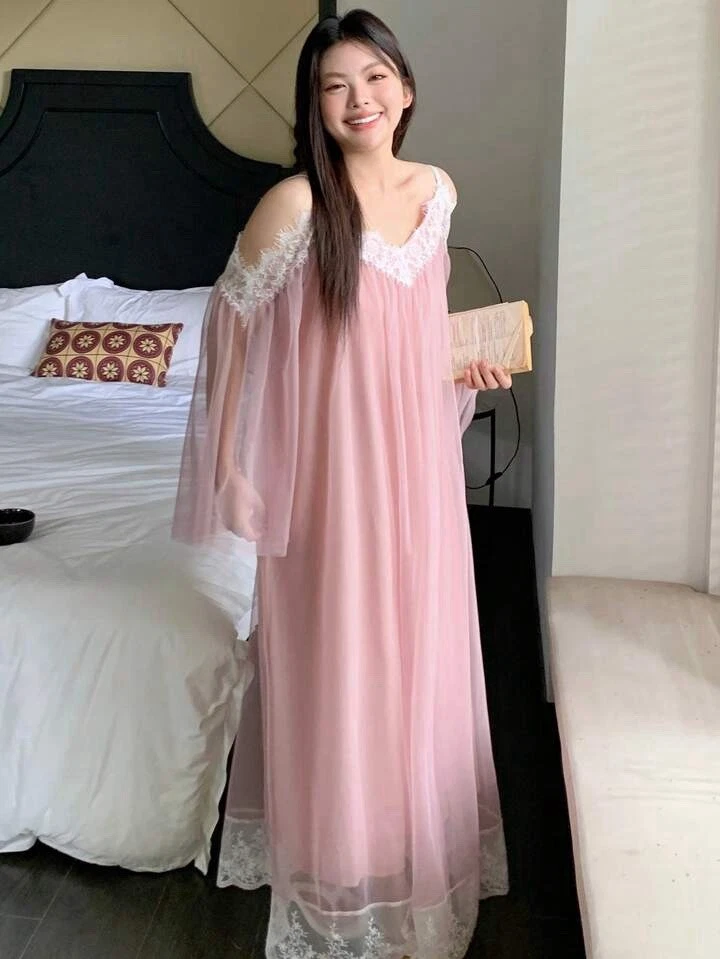 New SHEER Chiffon Nightgown Off Shoulder PLUS 3X 3Xl 18 Slip Dress Wide LACE - Image 3 of 4