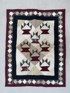 Vintage Handmade Wall Hanging Quilt Red Green Black Bow Tie 20x12