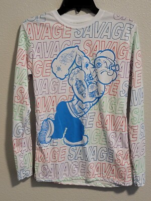 Popeye savage Cartoon shirt Mens Small Long Sleeve Stretch Crew Neck Multicolor