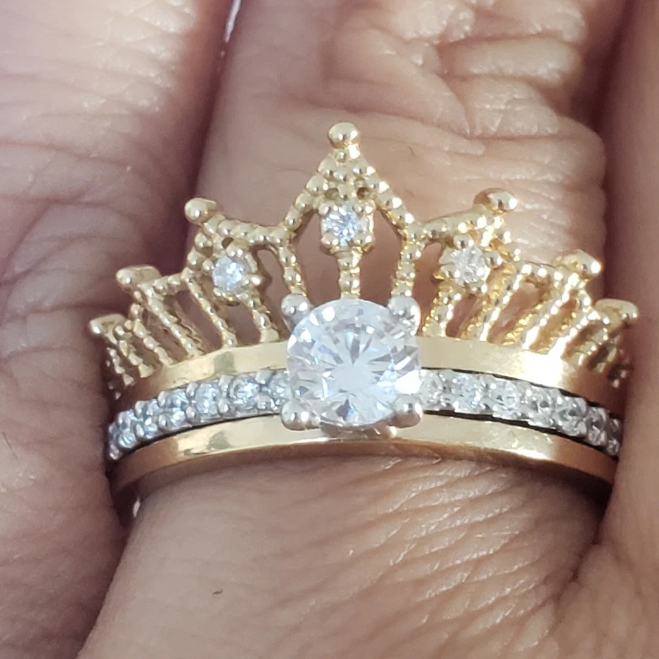 1 quilate 2 piezas oro 14k redondo solitario compromiso chaqueta guardia anillo conjunto talla 7 Foto 2 de 4