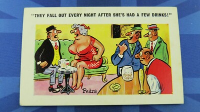 Freche Comic Postkarte 1960er große Brüste Anspielungen SIE FALLEN NACH EIN PAAR DRINKEN AUS