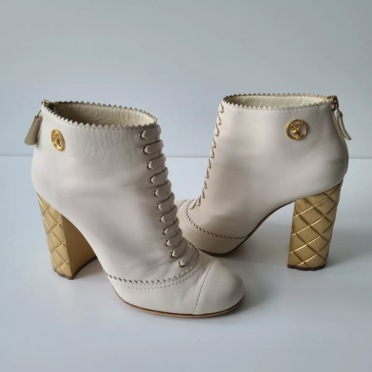 CHANEL PARIS-SALZBURG IVORY Leather Quilted Gold Heel Ankle Boots 37.5  $425.00 - PicClick