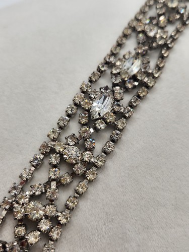Set Prong Vintage Strass Trasparenti Tono Argento Bracciale Largo 1" Lungo 7,25" - Foto 6 di 16