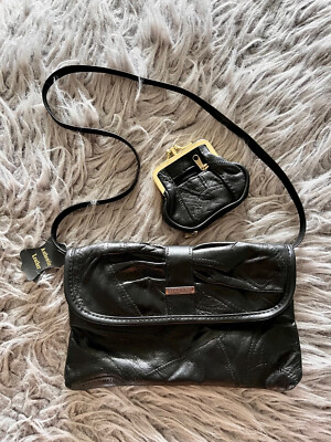 Vintage Black Leather Patchwork Clutch Bag Handbag with Coin Purse by Stefano
