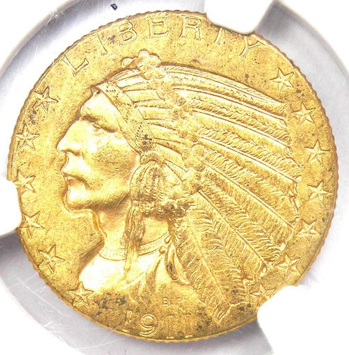 1911-D Indian Gold Half Eagle $5 Coin - NGC MS62 (UNC BU) - Rare - $15,000 Value