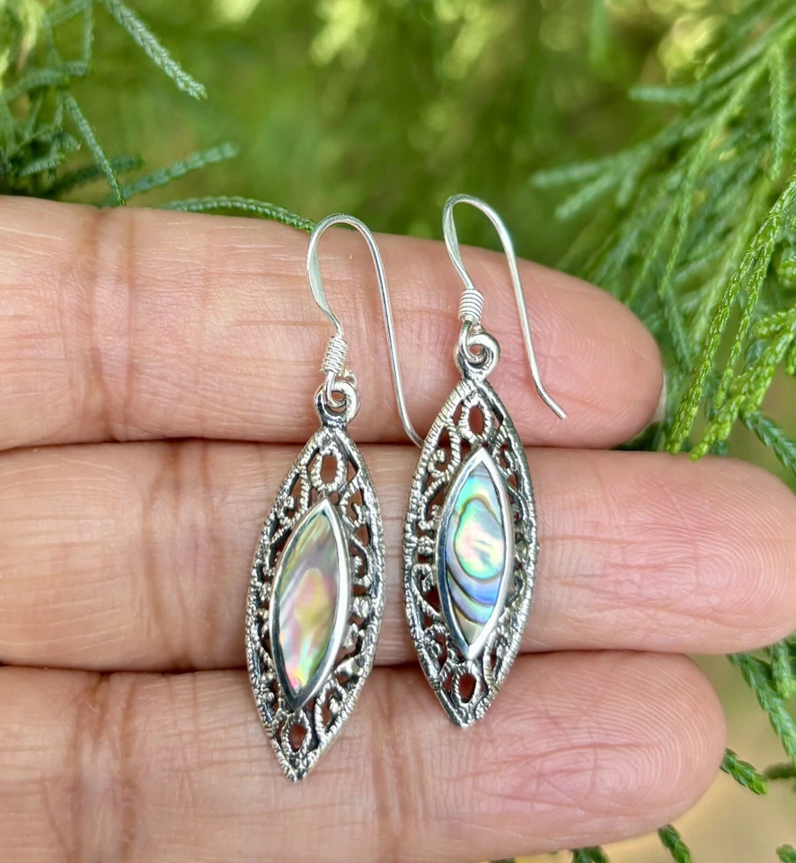 925 Sterling Silver + Mother of Pearl Handmade Oxidized Cutwork Earrings 3.26 gm - Image 2 of 4