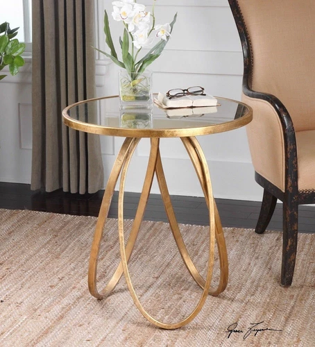 Uttermost 24410 Montrez Gold Leaf Round Accent End Table Antiqued Mirror Top - Picture 2 of 6
