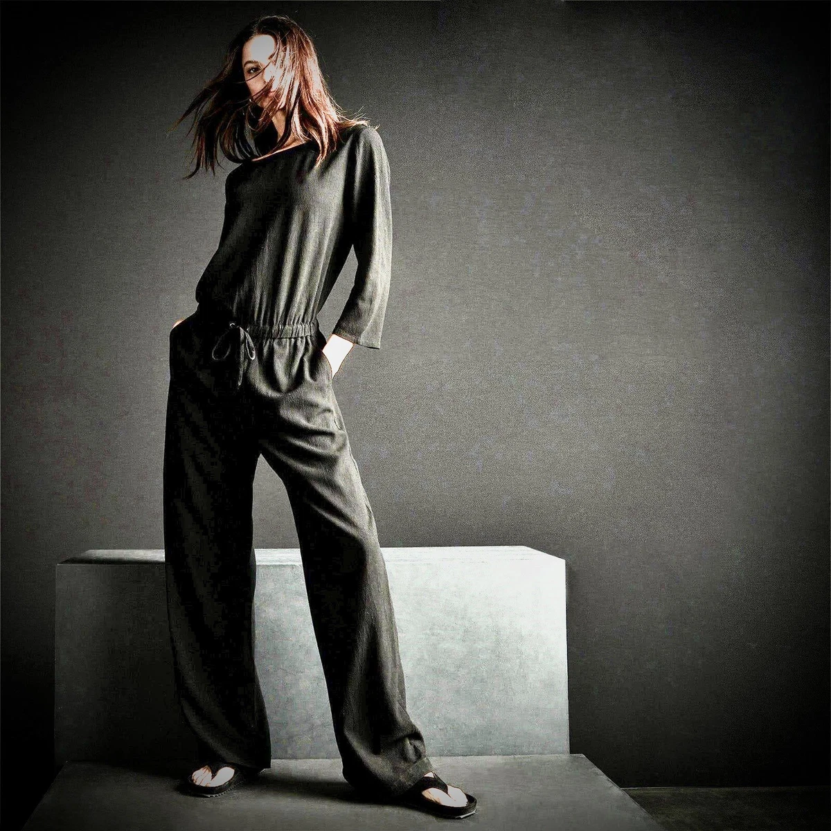 James Perse Womens Keyhole 3 4 Sleeve Jumpsuit Black w Pockets