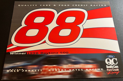 1996 Dale Jarrett #88 Yates Quality Care Ford - Vintage 2-Page NASCAR Hero Card