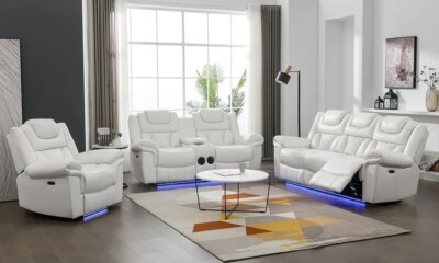 NEW LED Power Recliner Sofa Loveseat Chair Set White Leather Bluetooth  Speaker - Main Image