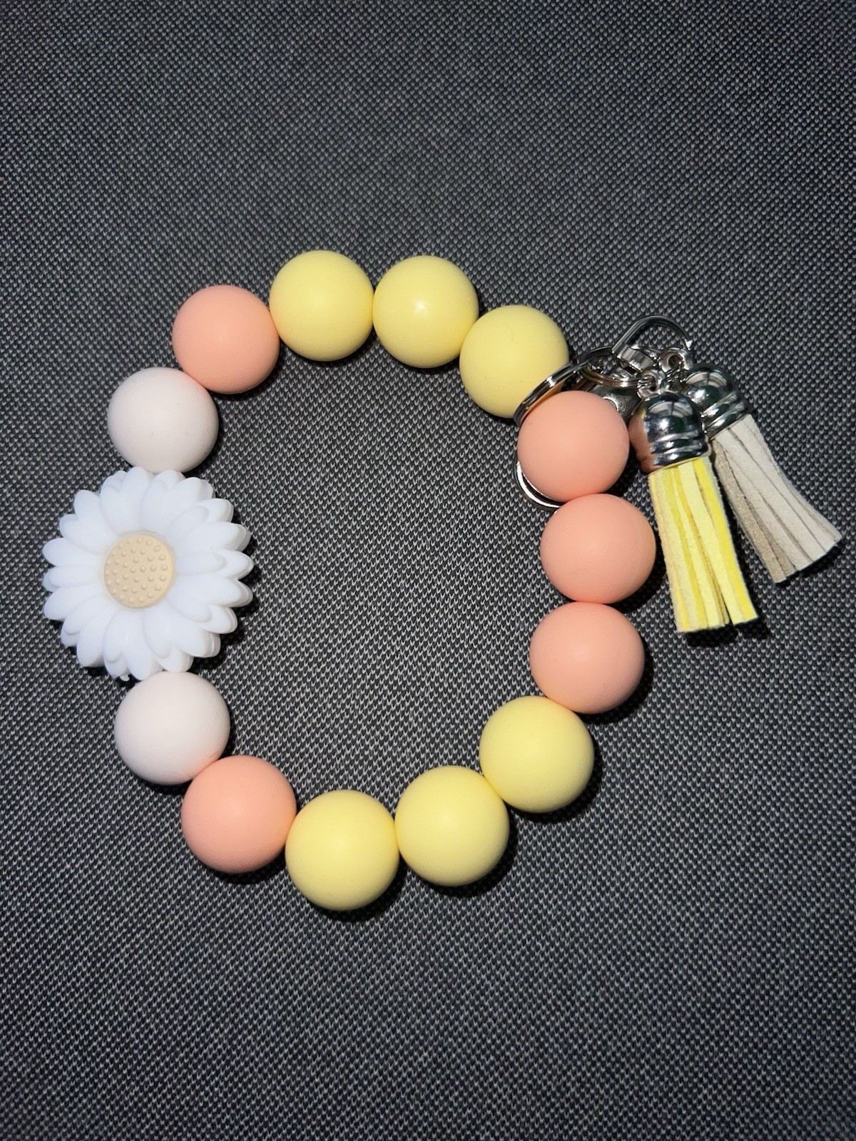 Colorful Orange & Yellow Flower Beaded Keychain with Silicone Tassel Wristlet