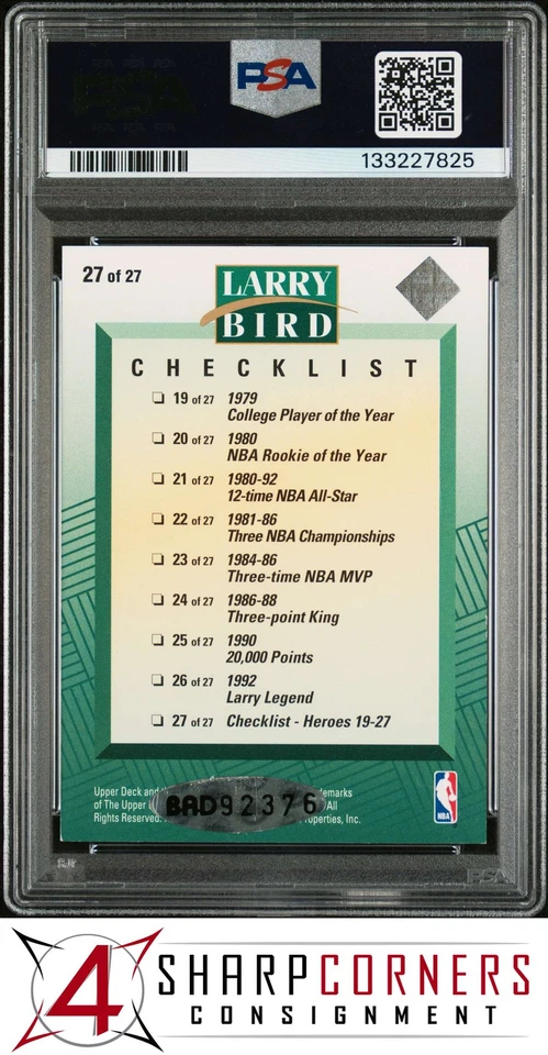 1992 UPPER DECK HEROES LARRY BIRD #27 HOF CHECKLIST POP 3 PSA 6 DNA AUTO 8 - Image 2 of 4