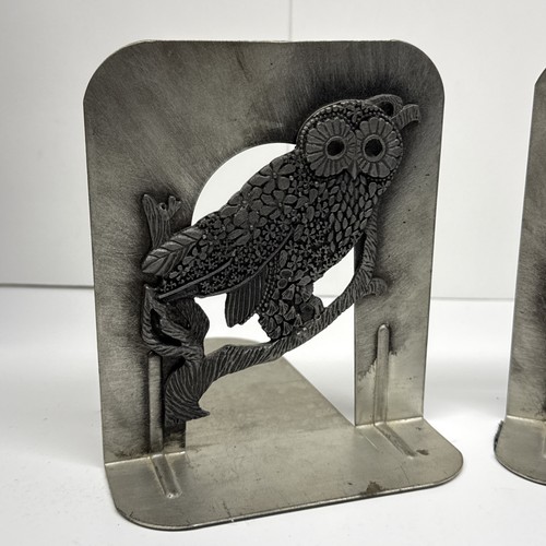 Vintage 1980's Pair Metzke Ornate Owl Aluminum and Pewter Bookends Set - Picture 2 of 9