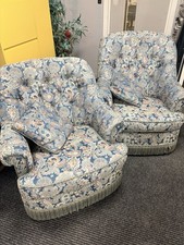 Vintage Greensmith Upholstered Tapestry Fringed Blue Floral Armchair Pair