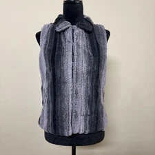 Cejon Vest Womens Small Gray Black Faux Fur Ombre Striped Hook Eye Pockets Lined