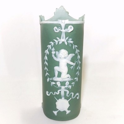 Antique Schafer & Vater Green Jasperware Vase Minstrel & Cupid Crest c1890 5.75''