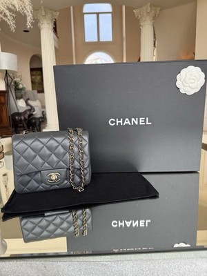 100% Authentic CHANEL Classic Square Mini Flap with Gray Lambskin and Silver HW