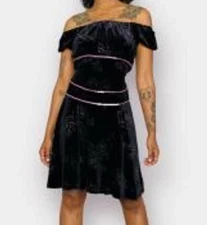 Vintage Black Velour Pink Sequin Accent Dress Small Sparkle Roses