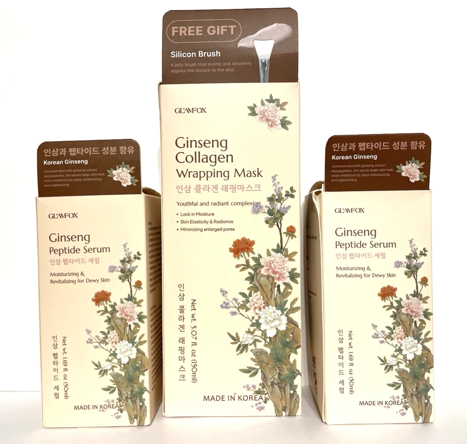 胶原蛋白包装面膜和肽保湿精华套装韩国Glamfox人参 — 第 2/4 张图片