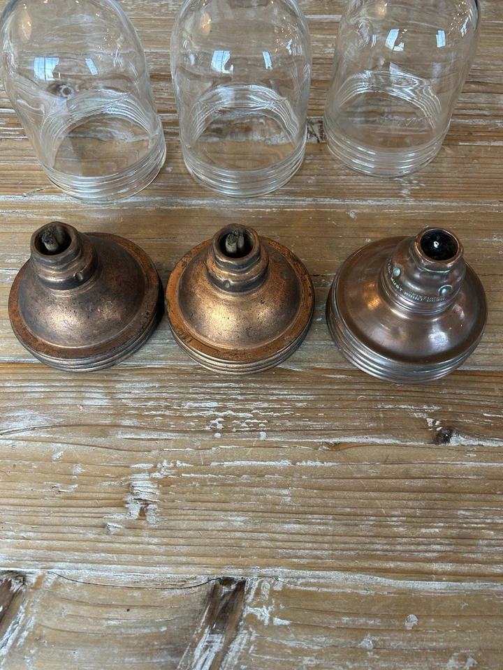 3 Copper Benjamin Light Fixtures Glass Globe Industrial Lamp Porcelain Sockets - Image 2 of 4