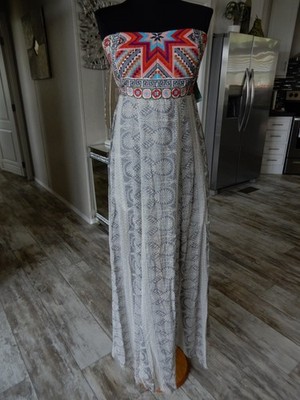 NWT Rip Curl Strapless Aztec Women's Maxi Dress Size MED Multicolor Grays/Reds