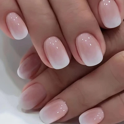 24 Stück Press on Nails Kurze Französische Falsche Nägel Pink Weiß Gradient Desi