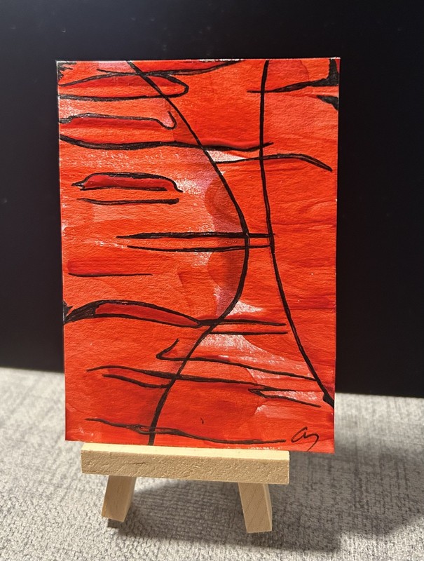 ACEO original painting 2.5 X 3.5 Abstract Mixed Media Signed "Red Abstract #2"