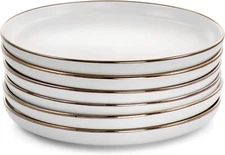 Elama Arthur Dinner Plate Set 6 Piece Stoneware in Matt White with Gold Rim NEW