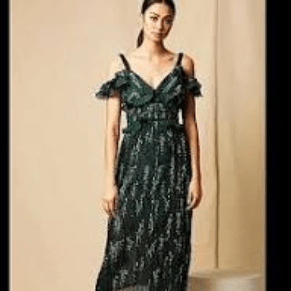 Choosy Floral Frill Off Shoulder Pleated Ruffle Midi Dress Green Size 8 |  eBay