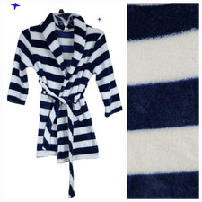 Navy Blue Stripe Bathrobe Boys S 6/7 Faux Fur Fleece Sleepwear Robe Plush Lounge