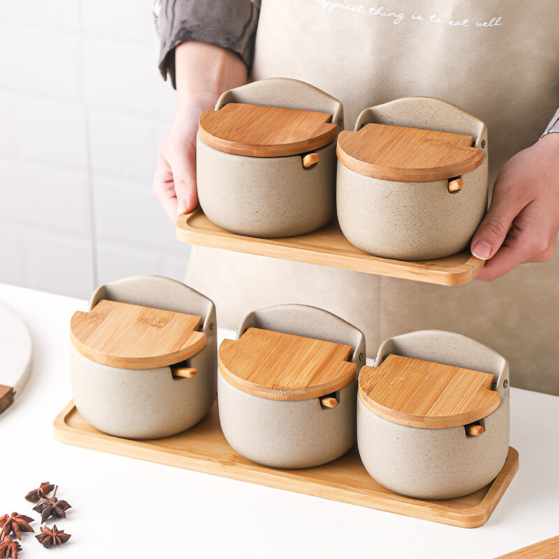 Handmade Ceramic Spicy Jar Set with Spoon and Tray - Seasoning