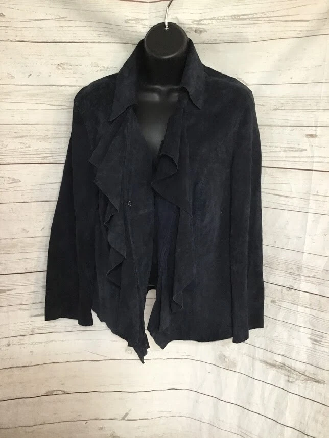 Chaqueta de cuero azul oscuro con volantes Ideology para mujer talla grande 1X Foto 2 de 4