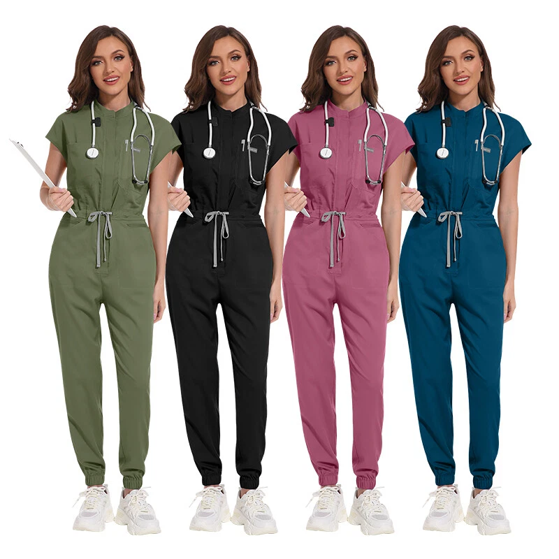 Scrubs Jumpsuit Short Sleeve Jogger Pants Zippered Coverall Scrub Uniform Unisex
