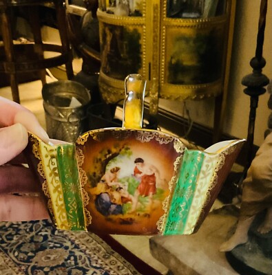 Vintage CICO Porcelain Basket Bavaria Germany Courting Couple Green Gold Small