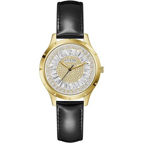 Montre GUESS Femme W75022L1 - Cadran Vernis Cuir Noir Grand Logo - Neuf étiqueté