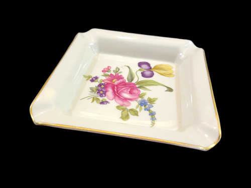 Vintage Rosenthal Bahnhof Selb Germany Ashtray Pink Floral Gold Trim Square - Picture 2 of 7