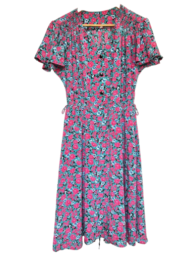 Vintage Kleid Blumenmuster rosa grün schwarz voller Rock Passform modern 12 14 - Bild 10 von 12