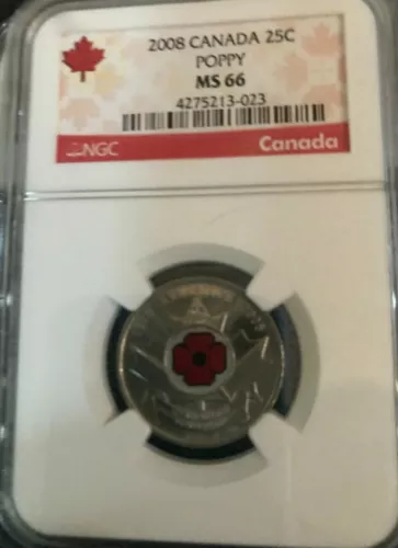 2008 CANADA 25 CENT NGC MS66 UNCIRCULATED POPPY QUARTER WITH COLORIZED POPPY