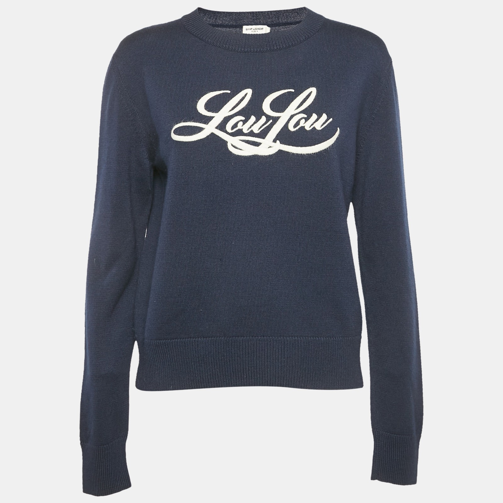 Maglione girocollo Saint Laurent blu ricamato in maglia a costine S