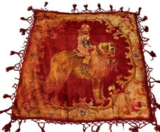 Antique Victorian Piano Shawl Boy Riding St. Bernard Tapestry Chenille 55" Sq